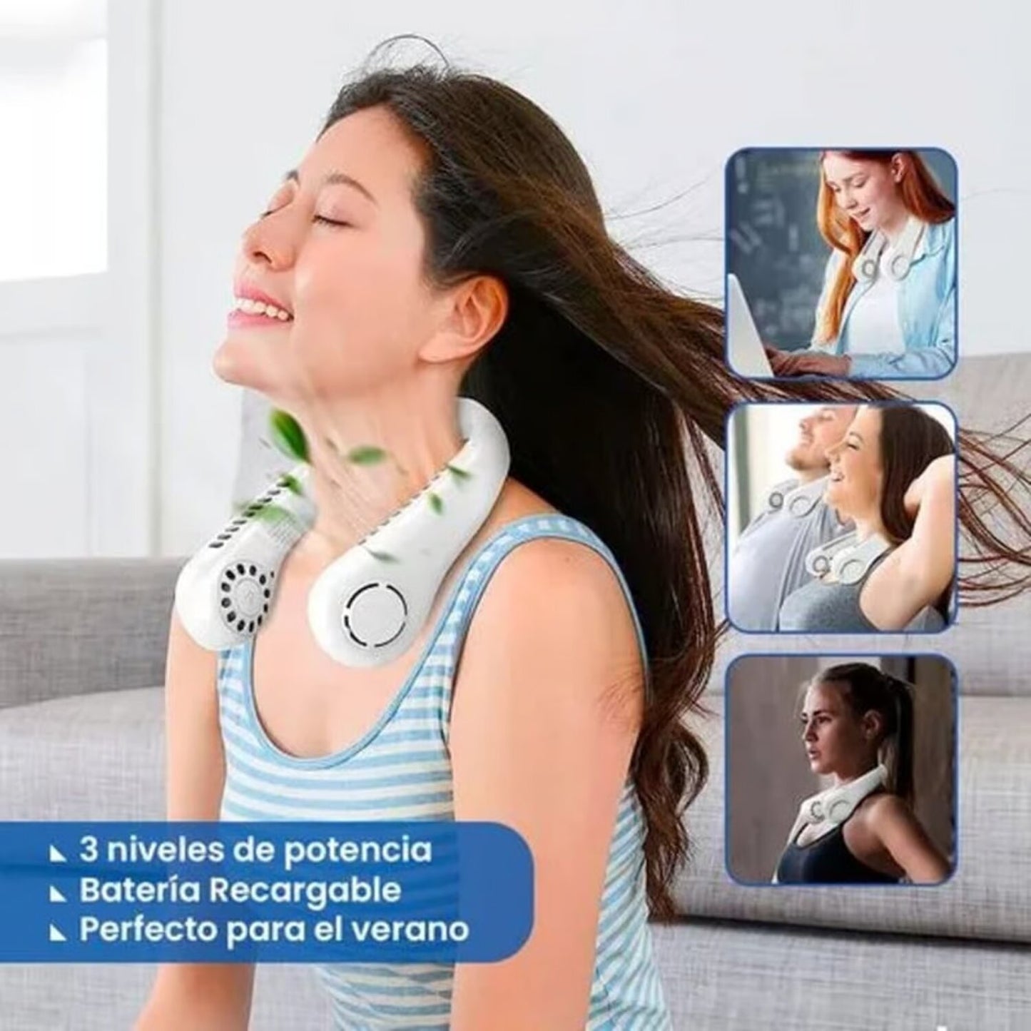 Mini Ventilador Cuello Portátil 3 niveles Recargable Blanco